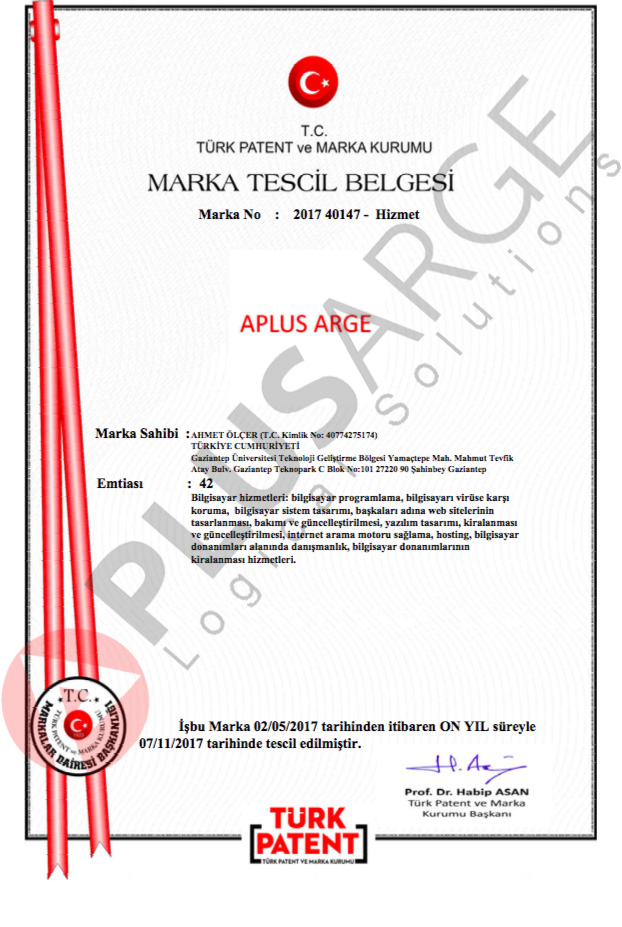A Plus ArGe Marka Tescil Belgesi